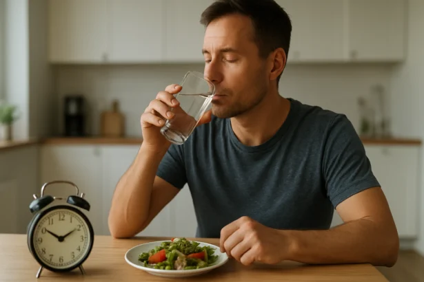 Muž s pohárom vody sedí pri stole so zdravým jedlom počas prerušovaného pôstu