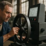 Muž pracujúci s centírovacím strojom v priemyselnom prostredí.