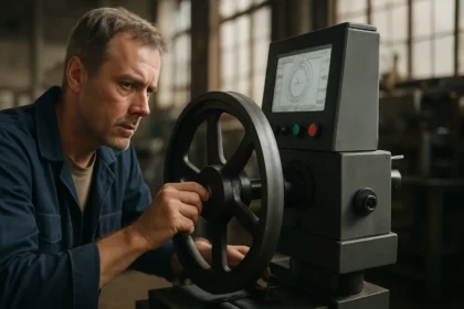 Muž pracujúci s centírovacím strojom v priemyselnom prostredí.