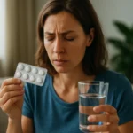 Žena s tabletami Furosemidu a pohárom vody, premýšľajúca o vedľajších účinkoch.