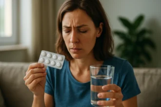 Žena s tabletami Furosemidu a pohárom vody, premýšľajúca o vedľajších účinkoch.