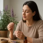 Žena skúma rastlinu barátcserje (Vitex agnus-castus) so záujmom.