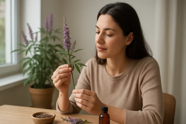 Žena skúma rastlinu barátcserje (Vitex agnus-castus) so záujmom.
