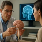 Lekár vysvetľuje štruktúru mozgu pacientke s modelom mozgu.