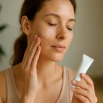 Žena nanášajúca ektoín na tvár pre prirodzenú ochranu pleti