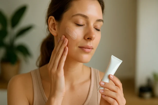 Žena nanášajúca ektoín na tvár pre prirodzenú ochranu pleti
