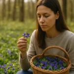 Žena zbiera divoké fialky v lese, sústredená na kvety