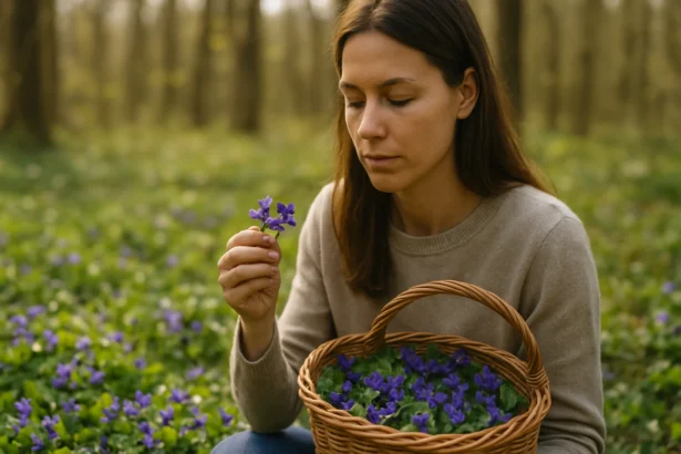 Žena zbiera divoké fialky v lese, sústredená na kvety