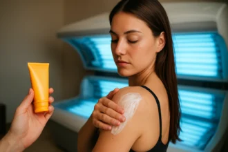 Žena nanášajúca soláriový krém na plece pred opaľovaním