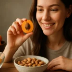 Žena s marhuľovým jadrom a jablkom v ruke, usmievajúca sa