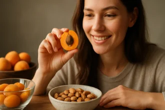 Žena s marhuľovým jadrom a jablkom v ruke, usmievajúca sa