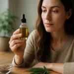 Žena skúma fľašku konopného oleja na drevenom stole.