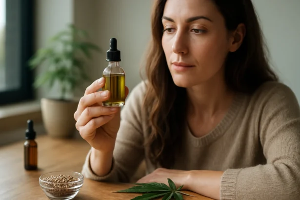 Žena skúma fľašku konopného oleja na drevenom stole.