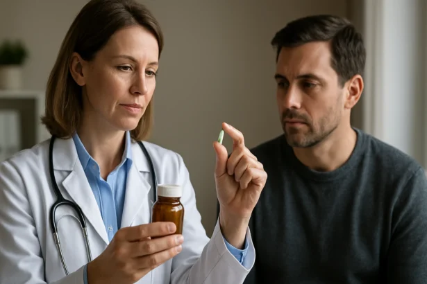 Lekár zdieľa informácie o serrapeptáze s pacientom.