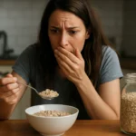 Žena váhajúca s konzumáciou ovsených vločiek s prekvapeným výrazom.