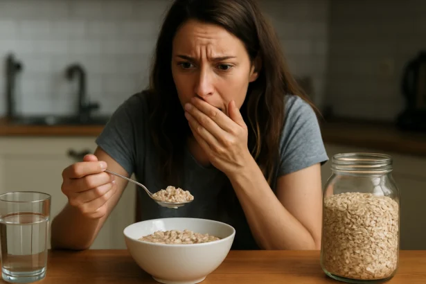 Žena váhajúca s konzumáciou ovsených vločiek s prekvapeným výrazom.