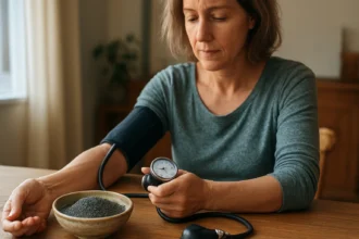 Žena meria krvný tlak s makom na stole, symbol zdravia.