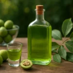 Zelená orechová pálenka a orechy na drevenom stole