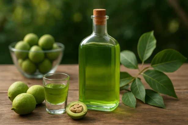 Zelená orechová pálenka a orechy na drevenom stole