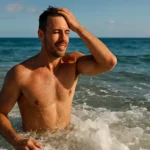 Muž vychádza z morskej vody s úsmevom na tvári a šťastným výrazom.