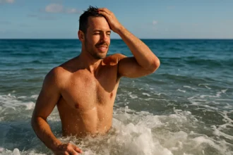 Muž vychádza z morskej vody s úsmevom na tvári a šťastným výrazom.