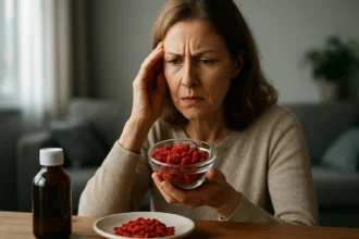 Žena so starosťami drží misku goji bobúľ