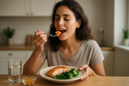 Žena si vychutnáva jedlo bohaté na omega-3 mastné kyseliny.