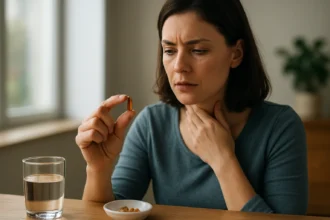 Žena premýšľa o užití výživového doplnku pre zdravie štítnej žľazy.