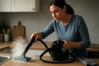 Žena používa parný čistič na čistenie kuchynskej linky