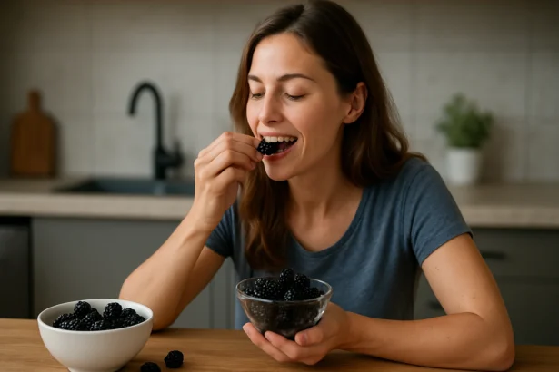 Žena si vychutnáva černice z misky v kuchyni.