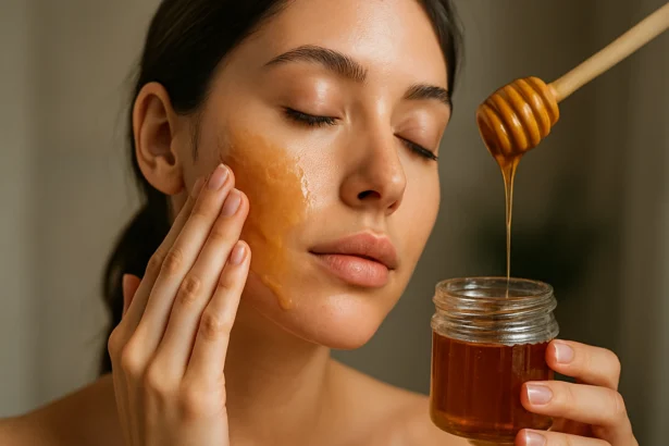 Žena nanáša medovú masku na tvár pre jej výhody na pleť