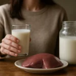 Miska kefíru a sklenica kefíru na stole vedľa pečene