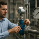 Inžinier nastavuje prietokový regulátor v priemyselnom prostredí.