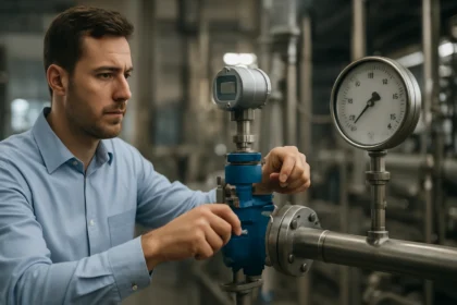 Inžinier nastavuje prietokový regulátor v priemyselnom prostredí.