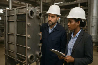 Technici skúmajú doskový výmenník tepla v priemyselnom prostredí.