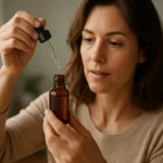 Žena s pipetou a fľašou rebríčkových kvapiek v prírodnom prostredí.