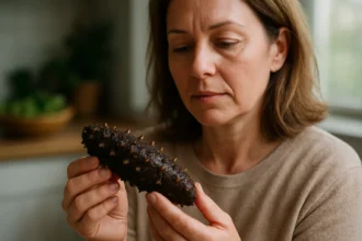 Žena skúma morskú uhorku, superpotravinu z mora