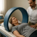 Žena ležiaca na magnetickej posteli so zdravotníkom nablízku