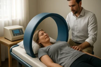 Žena ležiaca na magnetickej posteli so zdravotníkom nablízku