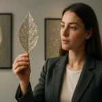 Žena drží trblietavý list v modernom dizajnovom prostredí.