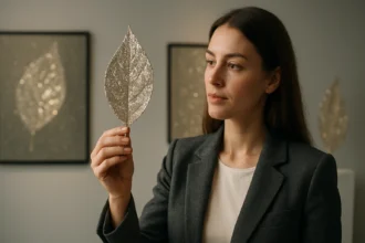 Žena drží trblietavý list v modernom dizajnovom prostredí.