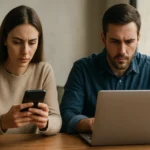 Žena s mobilom a muž pri notebooku diskutujú o zmene komunikácie.