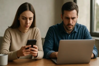 Žena s mobilom a muž pri notebooku diskutujú o zmene komunikácie.