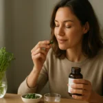 Žena užívajúca lucernové tablety na zlepšenie zdravia a vitality.