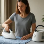 Žena žehliaca s parnou stanicou doma v slnečnej miestnosti