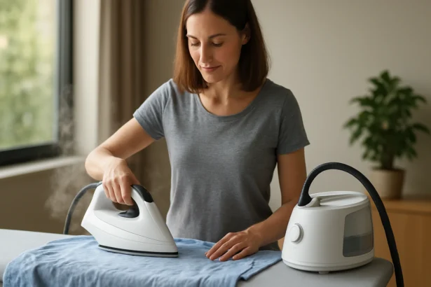 Žena žehliaca s parnou stanicou doma v slnečnej miestnosti