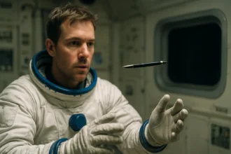 Astronaut holds a pen in a microgravity environment inside a spacecraft.