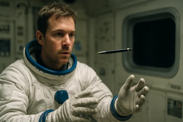 Astronaut holds a pen in a microgravity environment inside a spacecraft.