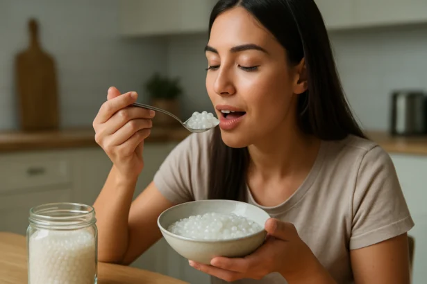 Žena si vychutnáva tapiokový dezert v kuchyni.