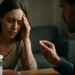 Žena trpiaca bolom s tabletou v ruke a starostlivým mužom